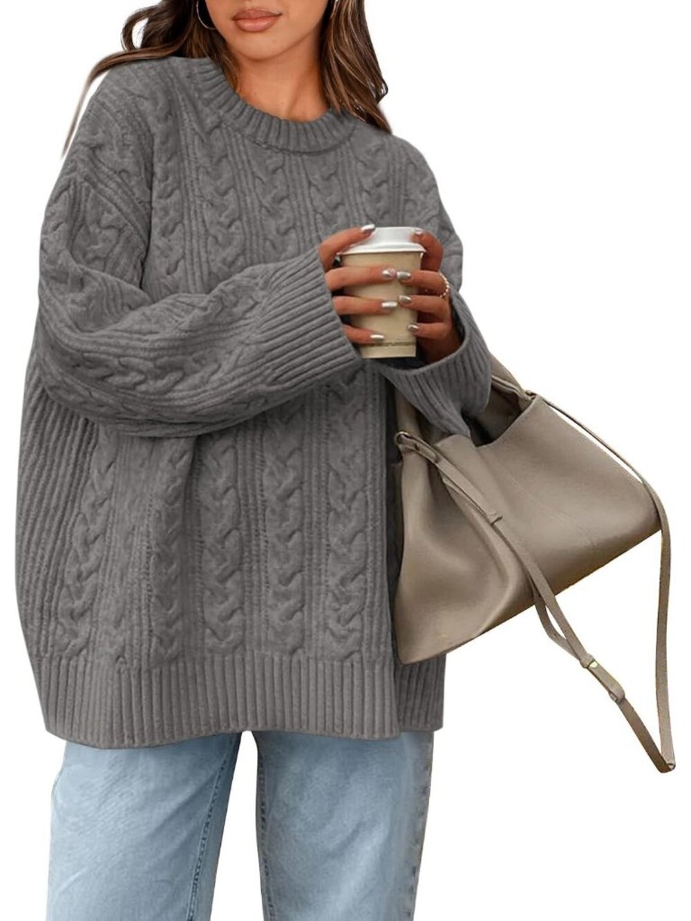 Women's Grey Cozy Soft Chunky Textured Knit Crewneck Oversized Fashion Sweaters